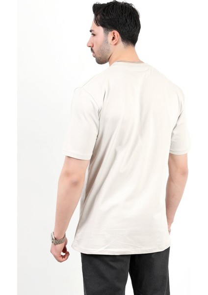 Erkek Bisiklet Yaka Baskılı %100 Pamuklu T-Shirt Bej - 25Y 2271-1