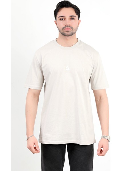 Erkek Bisiklet Yaka Baskılı %100 Pamuklu T-Shirt Bej - 25Y 2271-1
