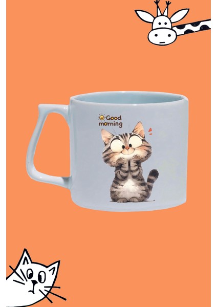 Sevimli Kedi Cute Cat Tasarım Baskılı Beyaz Lüks Sap Kupa Bardak