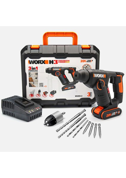 WX394.3 20VOLT 2.0AH. Li-Ion 1.5j Profesyonel Sds-Plus Pnömatik Şarjlı Matkap + 9 Adet Uç + Mandren