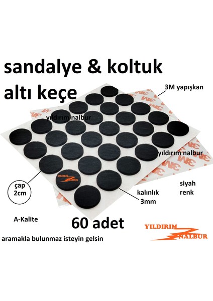 60 Adet Yuvarlak 20MM Mobilya Keçesi Sandalye Koltuk Ayak Altı Keçe Keçesi 3m Bant Siyah