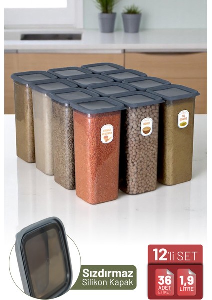12'li Sızdırmaz Silikon Kapaklı Etiketli Jumbo Boy 1900 ml Kare Erzak Bakliyat Saklama Kabı Antrasit