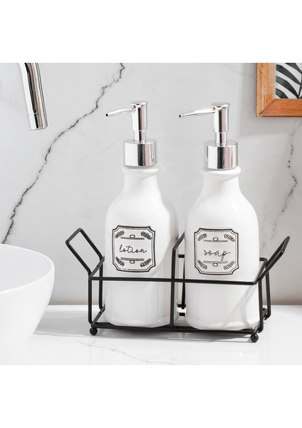 3115 Gümüş Kapaklı Porselen 2li Sıvı Sabunluk – Beyaz 700 ml