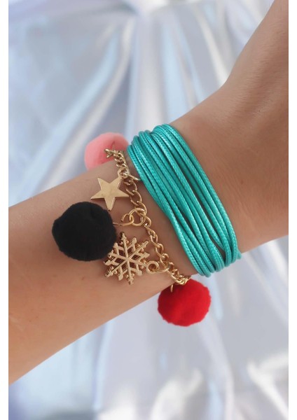 Turkuaz Renk Kar Tanesi Figür Zincir Detay İpli Çoklu Bileklik - PRT3500EB02381