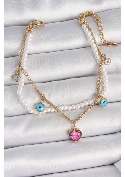 316L Çelik Gold Renk 2Li İncili Zincir Sallantı Pembe Kalp Model Nazar Boncuk Detay Kadın Bileklik - PRT3500EB05691