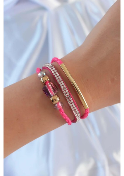 Pembe Renk Zirkon Taşlı Deri Çoklu Bileklik - PRT3500EB02383