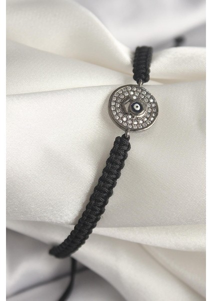 Pirinç Füme Renk Zirkon Taşlı Nazar Boncuk İşleme Makrome Asansörlü Model Kadın Bileklik - PRT3500EB04147