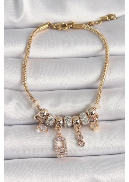 Pirinç Gold Renk Zincir Sallantı Zirkon Taşlı Messika Figür Yıldız Detay Kadın Bileklik - PRT3500EB03707