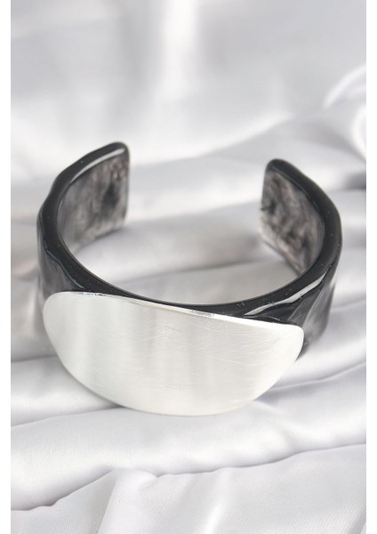 Siyah Mermer Desen Akrilik Plastik Gümüş Oval Plaka Model Vintage Kadın Bilezik - PRT3500EB03692 fiyatları