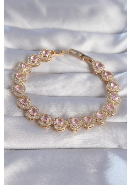 Vip Seri Pirinç Gold Renk Pembe Zirkon Taşlı Kalp Tasarımlı Bileklik - PRT3500EB01725