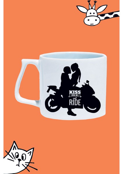 Kiss Me And Rıde Öp Beni ve Sür Motorcu Çift Tasarım Baskılı Beyaz Lüks Sap Kupa Bardak
