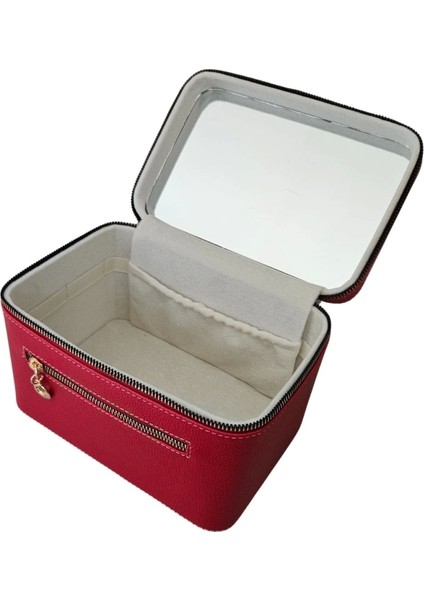 Taşıma Kulplu Deri Aynalı Makyaj,bakım ve Seyahat Çantası,kutusu Kırmızı (14 x 21 x 14 cm )