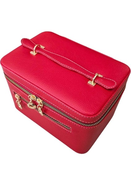Taşıma Kulplu Deri Aynalı Makyaj,bakım ve Seyahat Çantası,kutusu Kırmızı (14 x 21 x 14 cm ) fırsatları