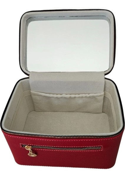 Taşıma Kulplu Deri Aynalı Makyaj,bakım ve Seyahat Çantası,kutusu Kırmızı (14 x 21 x 14 cm ) indirimleri