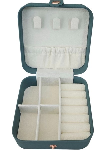 Çıtçıtlı Deri Mini Boy Takı, Seyahat ve Mücevher Çantası,kutusu Koyu Yeşil (10X10 Cm)