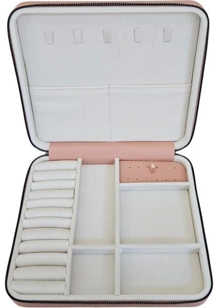 Fermuarlı Deri (Ahşap Kasalı ) Jumbo Boy Takı, Seyahat ve Mücevher Çantası,kutusu Pudra (24 x 26 cm )