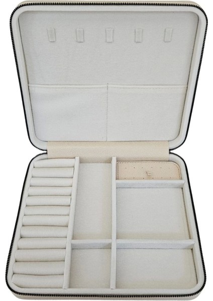 Fermuarlı Deri (Ahşap Kasalı ) Jumbo Boy Takı, Seyahat ve Mücevher Çantası,kutusu Krem (24 x 26 cm )