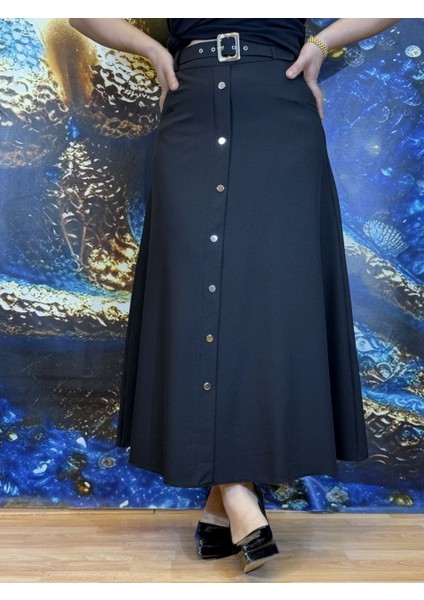 Etek, Tesettür ve Günlük, Kemerli, Düğmeli, Yüksek Kaliteli, Krep Kumaş, Siyah,astarlı