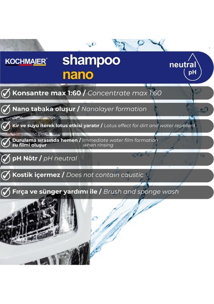 Şampuan Nano Oto Araç Cilalı Ph Nötr Kostiksiz Şampuan Temizleyici Kopüklü Konsantre 1:60 500 ml