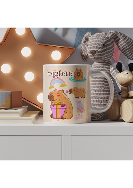 Capybara Temalı Sevimli Tasarım, Komik Hayvan Çizimli, Renkli Porselen Kupa Bardak, Model-3 fiyatları