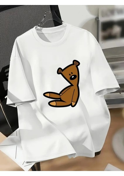 Baskılı Oversize Bisiklet Yaka T-Shirt - Beyaz