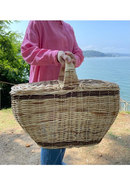 Beyaz Atölyem Kapaklı Hasır Piknik Sepeti