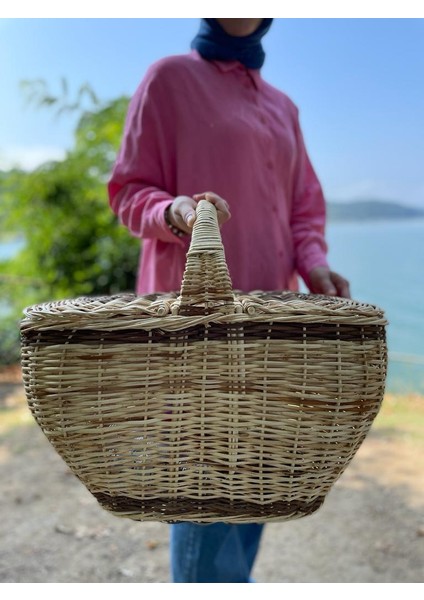 Beyaz Atölyem Kapaklı Hasır Piknik Sepeti