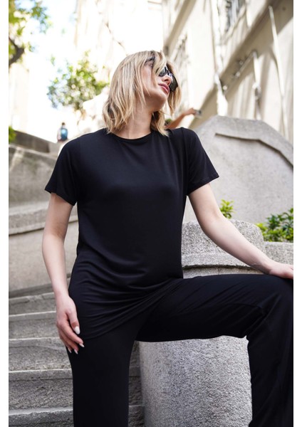 Soft Viskon Uzun Tunik-Siyah-Beyaz indirimleri