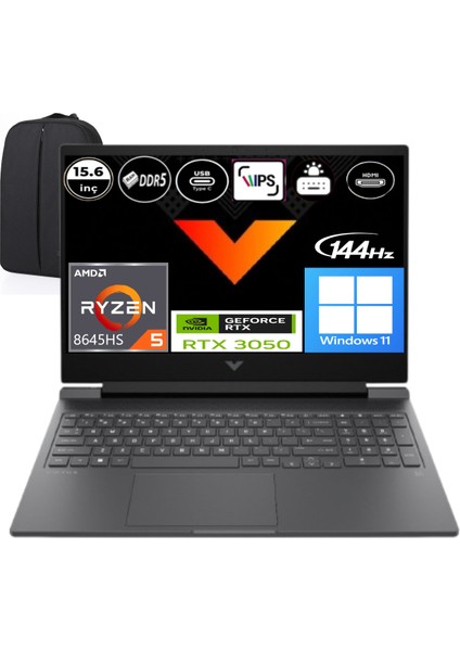 Victus Amd Ryzen 5-8645HS 32 GB Ram 1 Tb RTX3050 6gb Windows 11 Pro 15.6" Fhd IPS 144Hz B9KM2EAEP6 Taşınabilir Bilgisayar + Elektropasaj Çanta