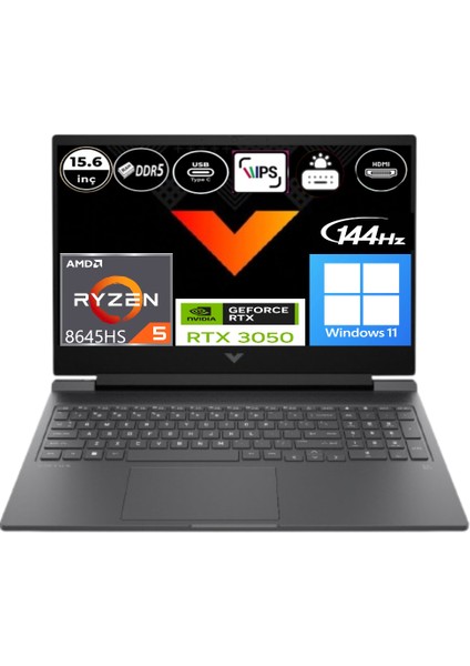 Victus Amd Ryzen 5-8645HS 32 GB Ram 1 Tb RTX3050 6gb Windows 11 Pro 15.6" Fhd IPS 144Hz B9KM2EAEP6 Taşınabilir Bilgisayar + Elektropasaj Çanta