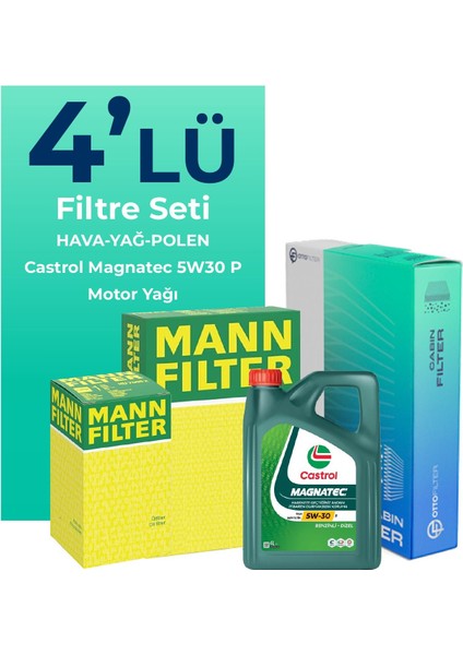 MANN Citroen C3 1.2 Turbo Benzinli Filtre Bakım Seti Castrol Motor Yağlı (2016-2023) 4 Lü