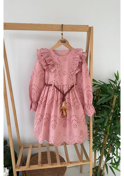 (9-12 Yaş) Brode Kemerli Kız Çocuk elbise - Gül Kurusu