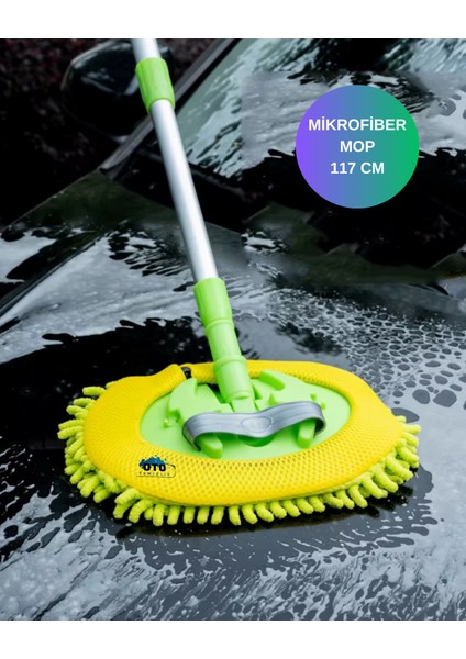Mikrofiber Araba Yıkama Mopu - Uzun Saplı Teleskopik Fırça Mop, Oto Mop, Araba Mopu, Araba Yıkama Fırçası, +1 Yedek Başlıklı Mop, (117 Cm)