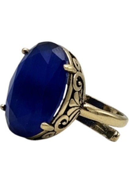Lacivert Oval Kedi Gözü Otantik Bronz Yüzük