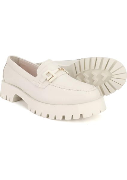 4254 Soft Deri Bej Tokalı Kadın Loafer Ayakkabı
