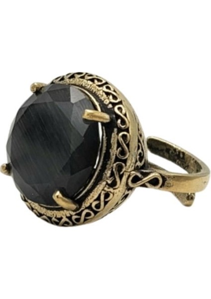 Siyah Yuvarlak Kedi Gözü Otantik Bronz Yüzük