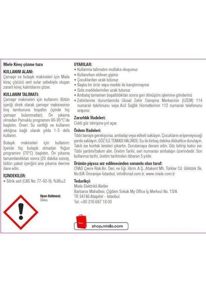 Çamaşır ve Bulaşık Makinesi Için Kireç Çözücü 250GR