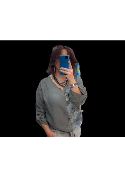 Ithal Buket Desen Bağlamalı Keten Bluz