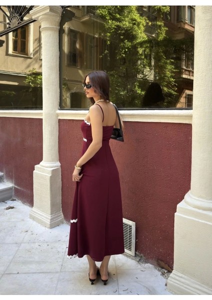 Askılı Uzun Şerit Detaylı Şık ve Rahat Elbise - Bordo