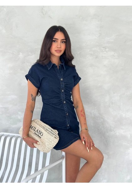 Kısa Kolu Mini Kot Kumaşından Likralı Elbise - Lacivert