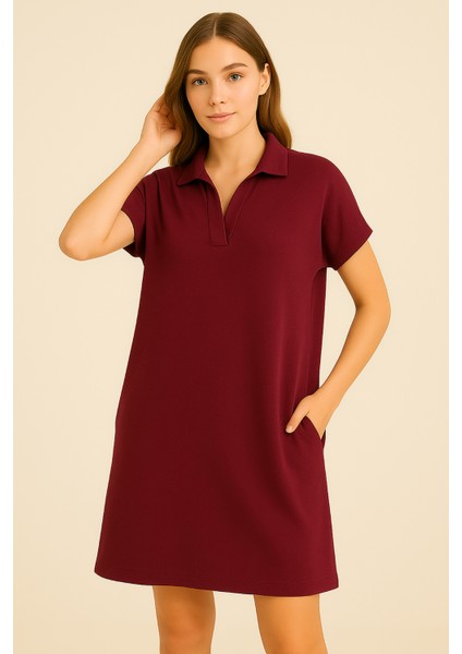 Kadın Cepli Polo Yaka Elbise Bordo