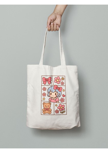 Sevimli Ayıcıklı Pembe Bez Çanta 35X40 cm - Tote Bag- Anime Baskılı Çanta Rozet Hediyeli