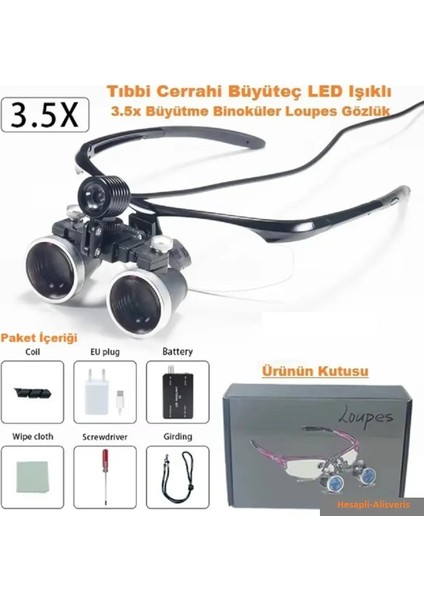 Tıbbi Cerrahi Binoküler LED Işıklı Loupes Gözlük - 3.5x Büyütme