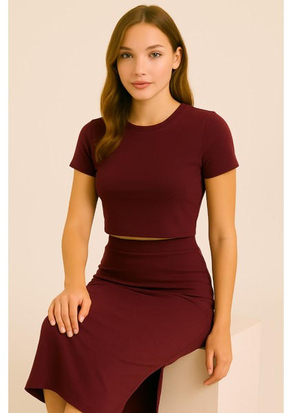 Kadın Crop Etek Takım Bordo