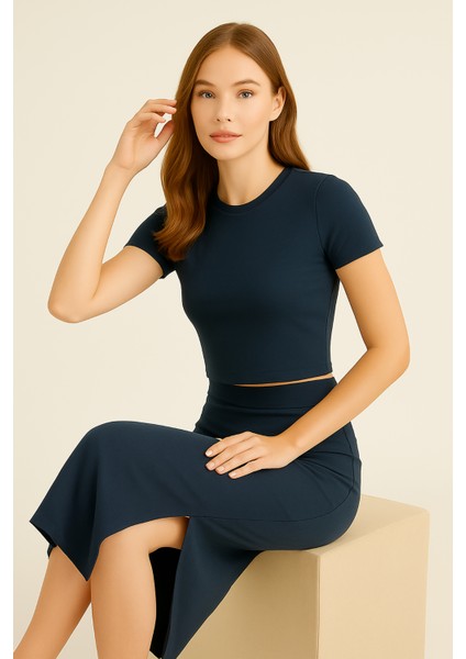 Kadın Crop Etek Takım Füme