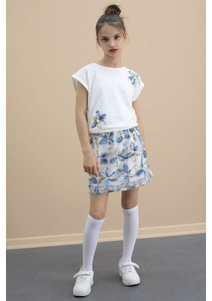 Mavi Çiçek Işlemeli Tüllü Etekli Kısa Kol Bluzlu Kız Çocuk 2li Takım 21048