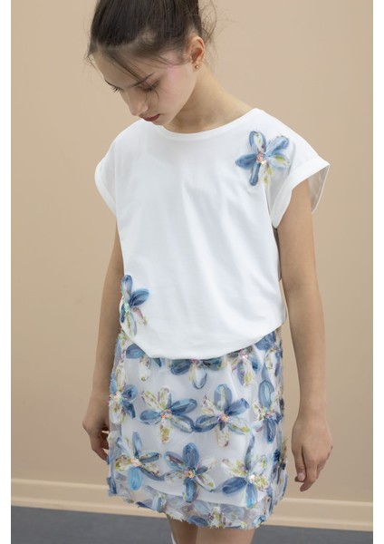 Mavi Çiçek Işlemeli Tüllü Etekli Kısa Kol Bluzlu Kız Çocuk 2li Takım 21048 fiyatları