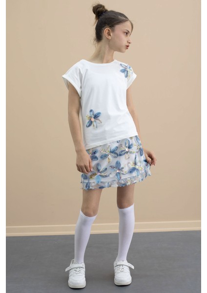 Mavi Çiçek Işlemeli Tüllü Etekli Kısa Kol Bluzlu Kız Çocuk 2li Takım 21048 modelleri