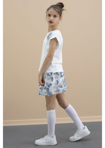 Mavi Çiçek Işlemeli Tüllü Etekli Kısa Kol Bluzlu Kız Çocuk 2li Takım 21048 fırsatları