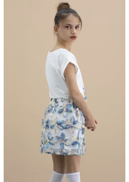 Mavi Çiçek Işlemeli Tüllü Etekli Kısa Kol Bluzlu Kız Çocuk 2li Takım 21048 indirimleri